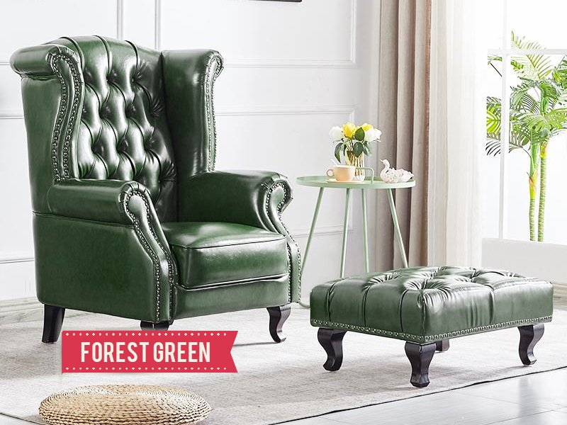 Tiger Leather Wing Chair With Ottoman, Green Leather Wingback Chair